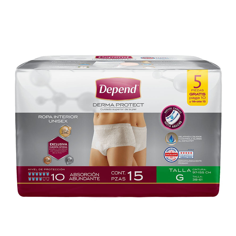 TiendaDepend.mx  Depend® Ropa Interior Unisex Derma Protect 15s Caja de 4 Paquetes