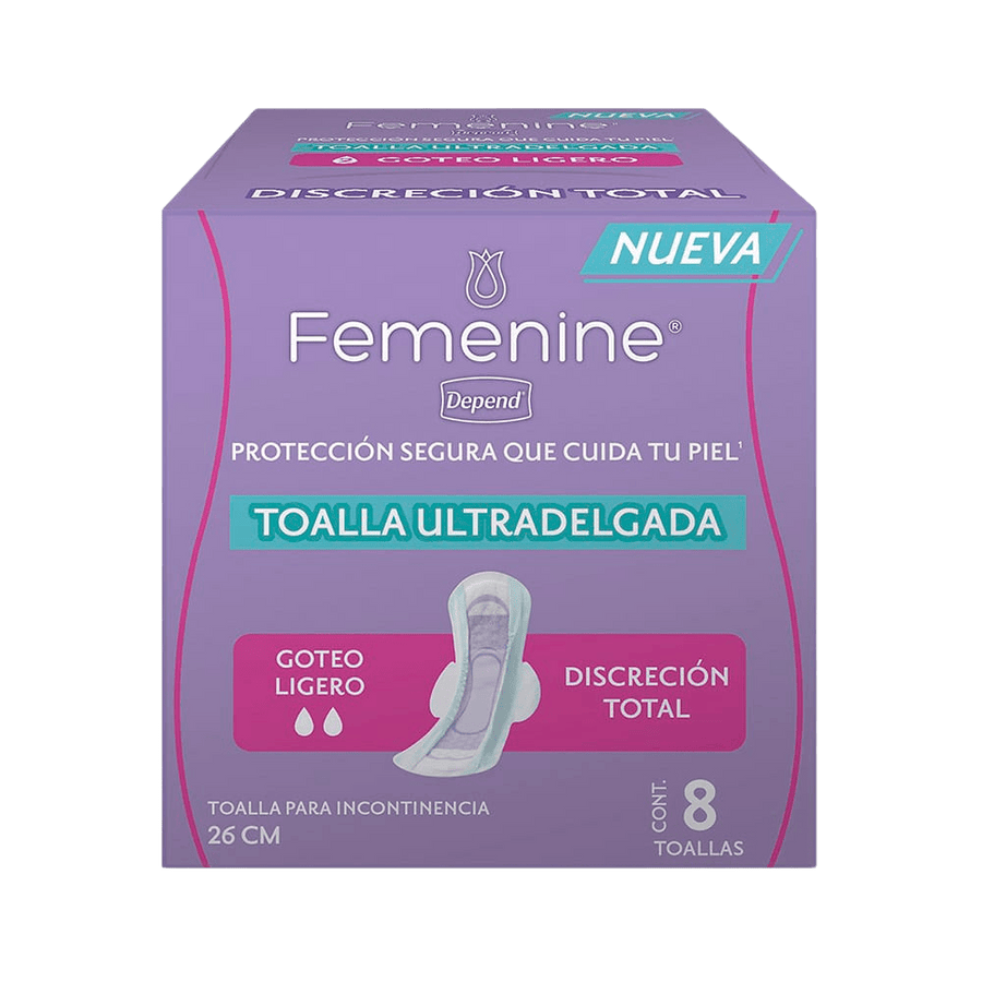 TiendaDepend.mx Pantiprotectores y Toallas Línea Femenine® Depend® Toalla Ultradelgada 8's